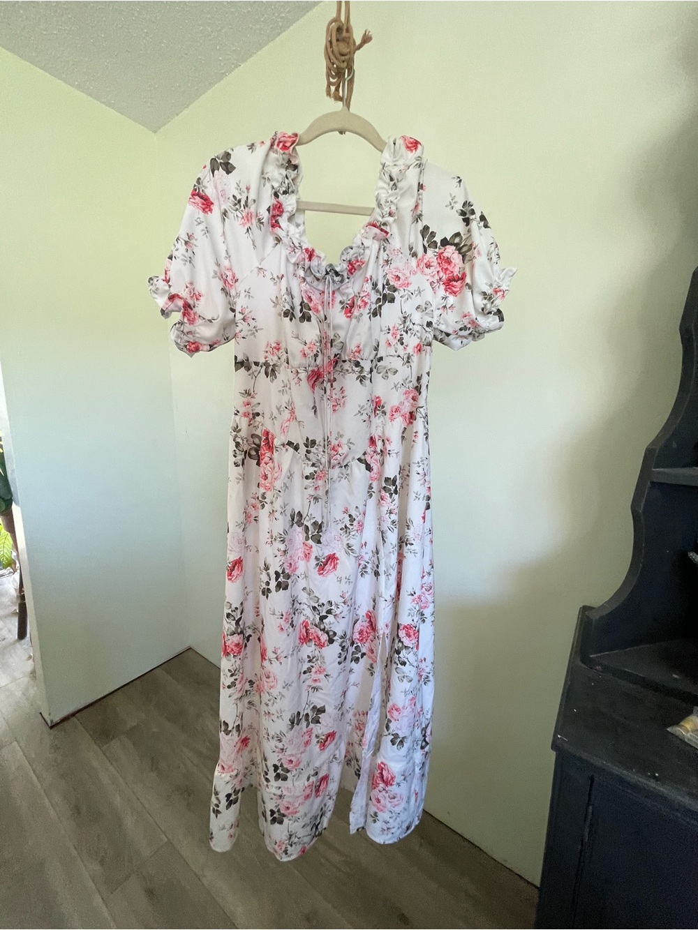 White Floral Maxi Dress with Pink Rose Print